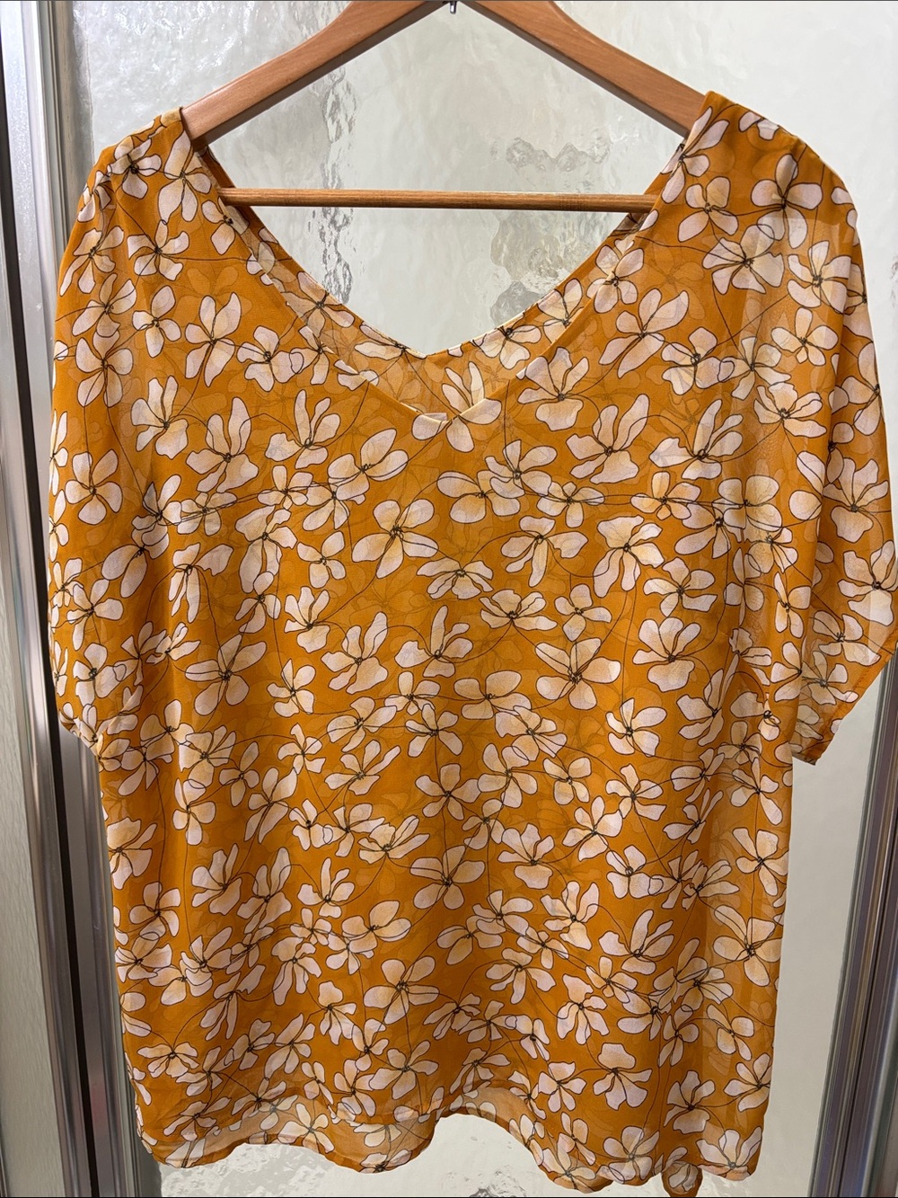 CAbi Mustard Floral V-Neck Top